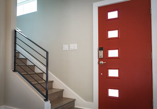 pexels-photo-922796-922796 Contemporary interior with a vibrant red entrance door and stairs, showcasing minimalist design.